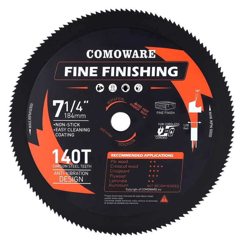 COMOWARE 7-1/4“ Circular Saw Blade, 140T Table Saw Blade, 5/8" Arbor, ATB Circular Saw Blade, Anti-Vibration, Teflon Anti-Stick, Miter Saws Blades for Wood, Laminate, Plywood & Hardwoods - Image 1