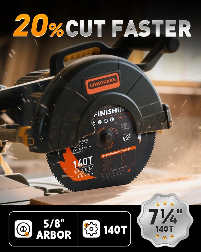 COMOWARE 7-1/4“ Circular Saw Blade, 140T Table Saw Blade, 5/8" Arbor, ATB Circular Saw Blade, Anti-Vibration, Teflon Anti-Stick, Miter Saws Blades for Wood, Laminate, Plywood & Hardwoods - Image 2