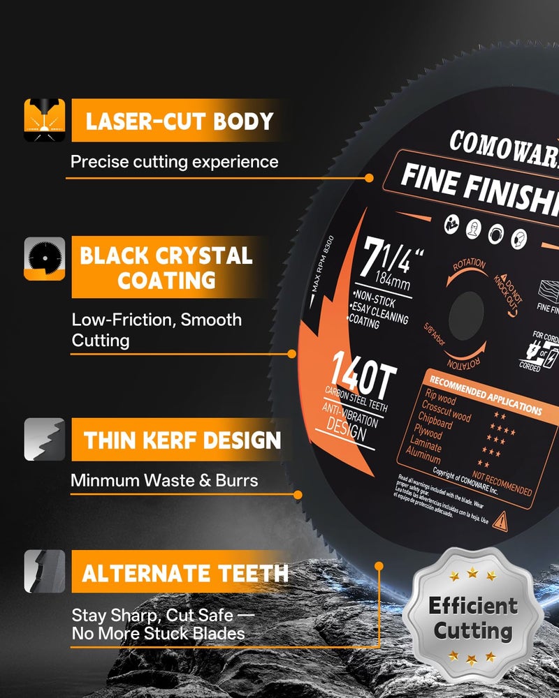 COMOWARE 7-1/4“ Circular Saw Blade, 140T Table Saw Blade, 5/8" Arbor, ATB Circular Saw Blade, Anti-Vibration, Teflon Anti-Stick, Miter Saws Blades for Wood, Laminate, Plywood & Hardwoods - Image 4