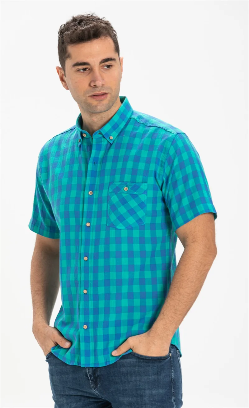 Eliş Şile Bezi Short Sleeve Slim Fit Şile Cloth Single Pocket Men's Shirt Mint Check 3033