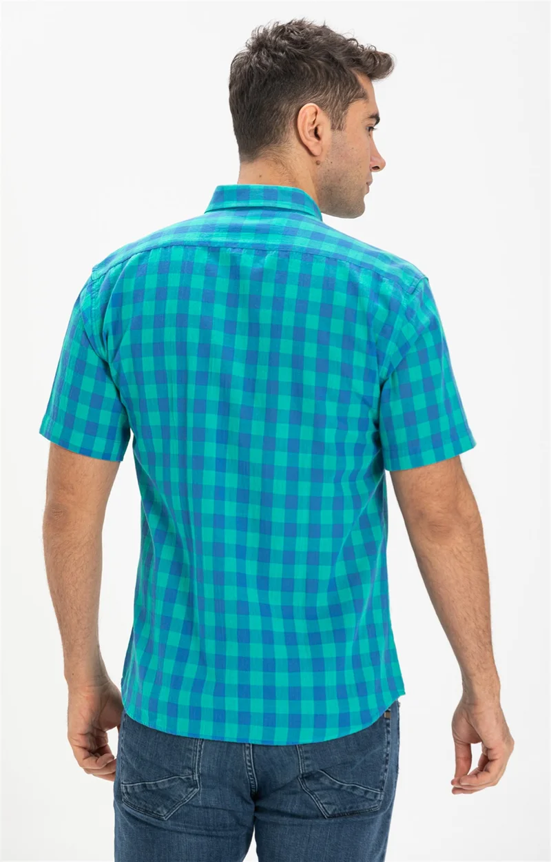 Eliş Şile Bezi Short Sleeve Slim Fit Şile Cloth Single Pocket Men's Shirt Mint Check 3033