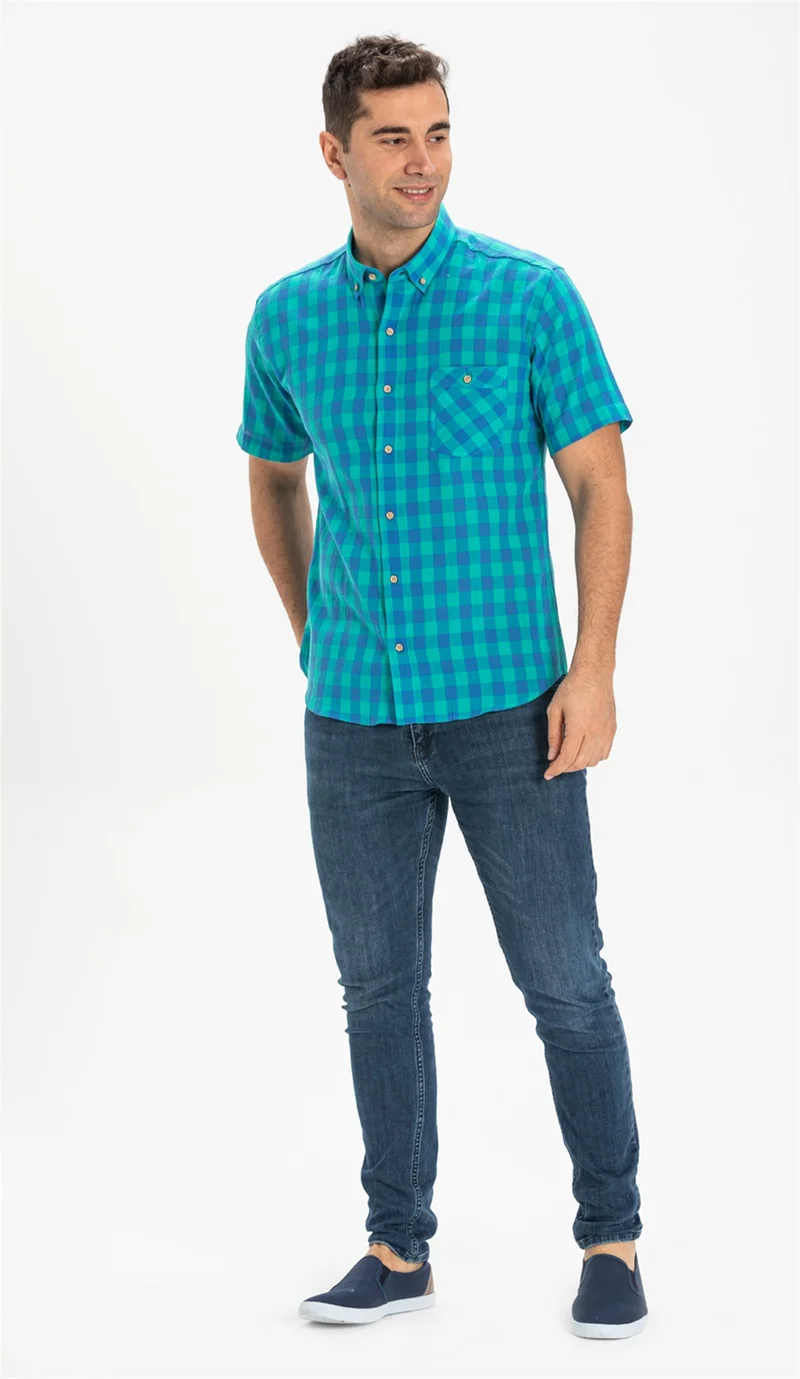 Eliş Şile Bezi Short Sleeve Slim Fit Şile Cloth Single Pocket Men's Shirt Mint Check 3033