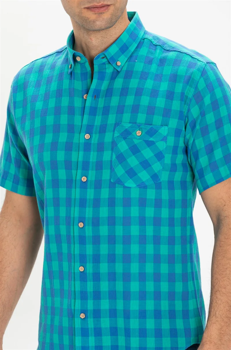 Eliş Şile Bezi Short Sleeve Slim Fit Şile Cloth Single Pocket Men's Shirt Mint Check 3033
