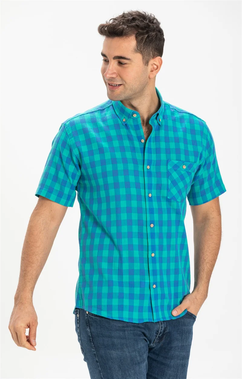 Eliş Şile Bezi Short Sleeve Slim Fit Şile Cloth Single Pocket Men's Shirt Mint Check 3033