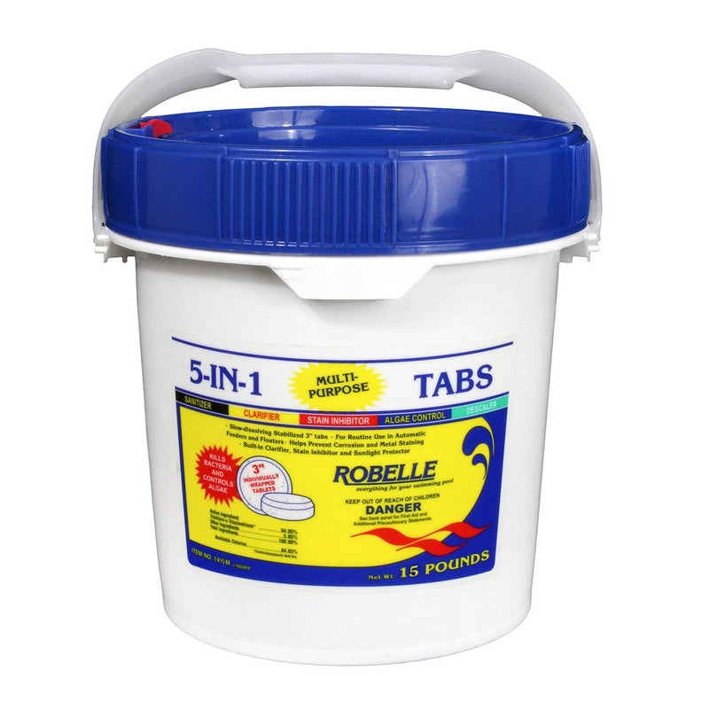 Robelle 15-Pounds Premium 5-In-1 Multi-Purpose Tabs, Chlorine Tablets 3 Inch, Sanitizer, Clarifier, Stain Inhibitor, Algae Control, Descaler, Sunlight Protector All In One, Made In USA - Image 1