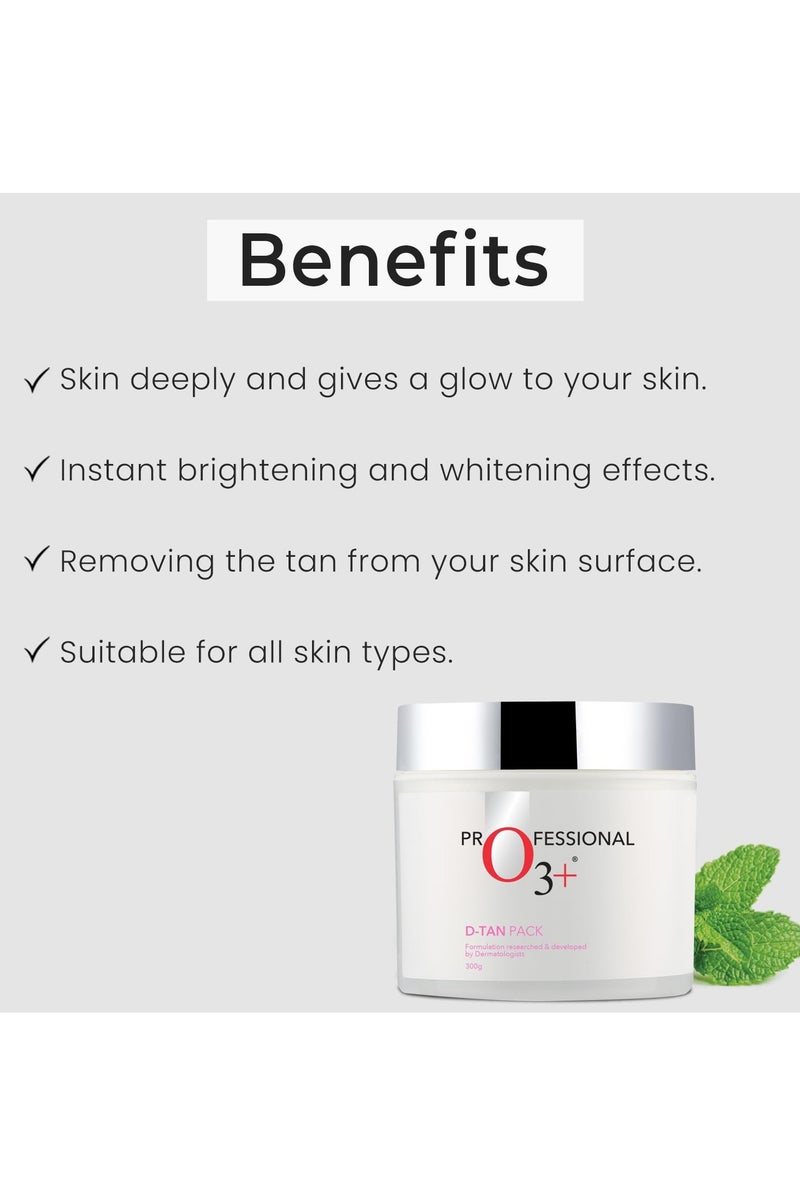 O3+ D-TAN Professional Face Pack for Instant Tan Removal & Glowing Skin with Lactic Acid, Pea Extract & Mint Extract - Ideal for All Skin Types (300g) | Detan Pack for Tan Removal for Face and Body - Image 3