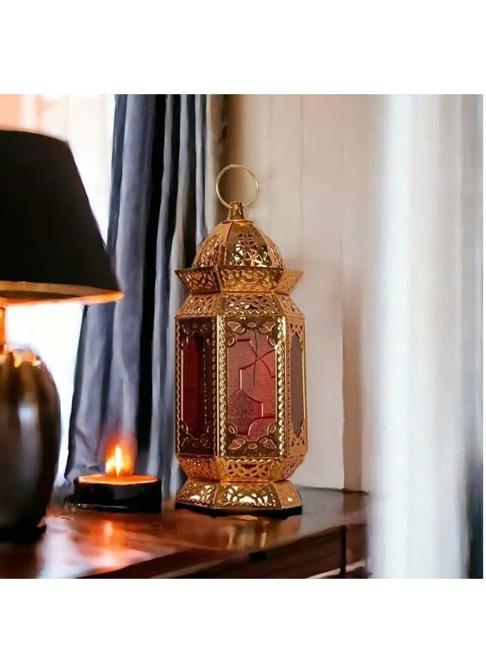 فانوس رمضان معدن 35 سم مزخرف على الطراز الإسلامي لون ذهبي - زجاج شفاف - قد يختلف التصميم. - Image 1