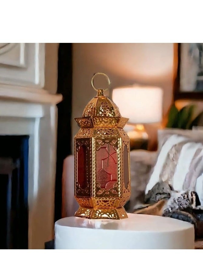 فانوس رمضان معدن 35 سم مزخرف على الطراز الإسلامي لون ذهبي - زجاج شفاف - قد يختلف التصميم. - Image 2