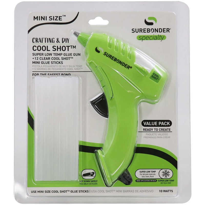 Surebonder 10W Ultra Low Temp Cool Shot Mini Glue Gun Kit with 12 Glue Sticks, Bonds Delicate Materials Like Paper, Fabric, Foam, Balloons - Clear - Image 1