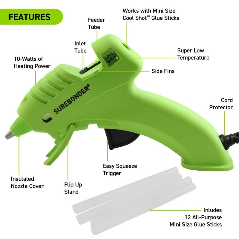 Surebonder 10W Ultra Low Temp Cool Shot Mini Glue Gun Kit with 12 Glue Sticks, Bonds Delicate Materials Like Paper, Fabric, Foam, Balloons - Clear - Image 2