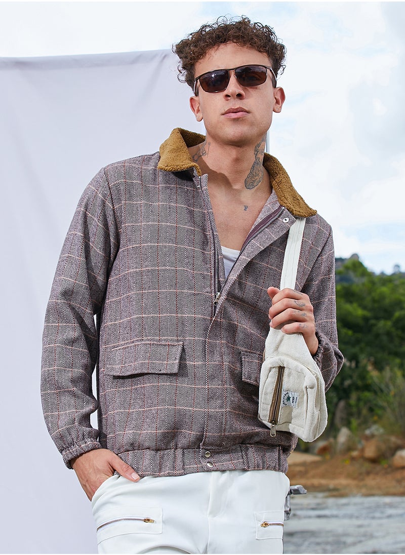 كامبوس سوترا Men's Brown Tartan Plaid Jacket With Fleece Collar  - Image 1