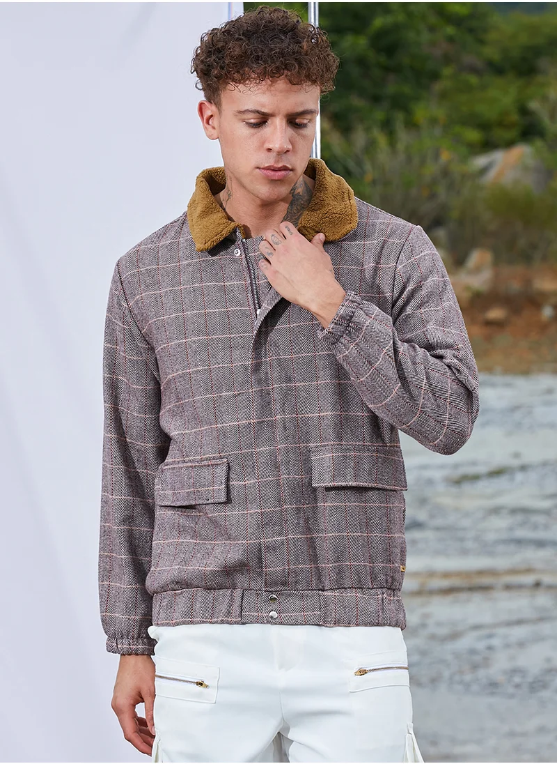 Campus Sutra Men's Brown Tartan Plaid Jacket With Fleece Collar