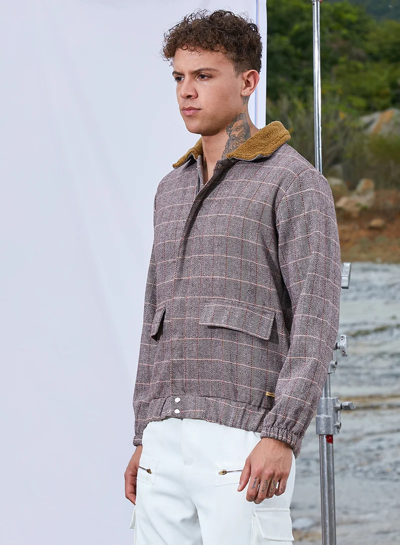 كامبوس سوترا Men's Brown Tartan Plaid Jacket With Fleece Collar