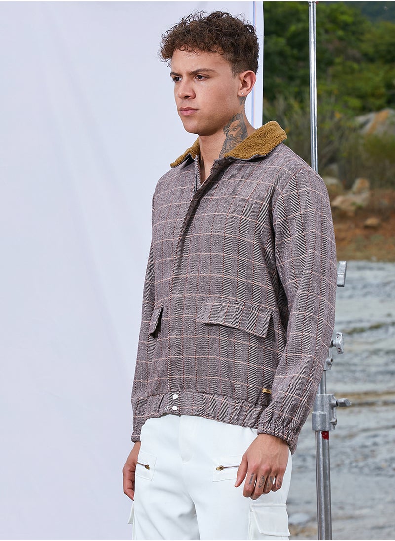 كامبوس سوترا Men's Brown Tartan Plaid Jacket With Fleece Collar  - Image 3