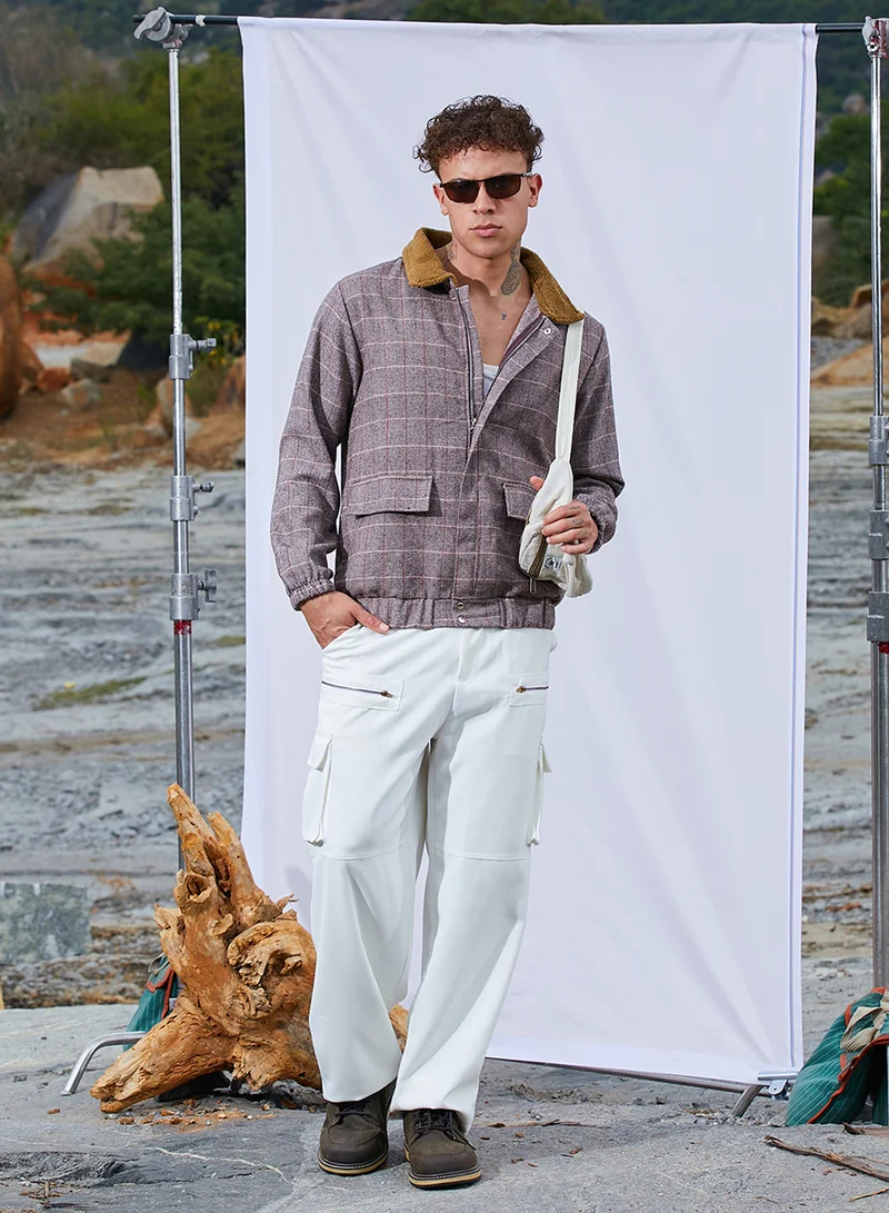كامبوس سوترا Men's Brown Tartan Plaid Jacket With Fleece Collar