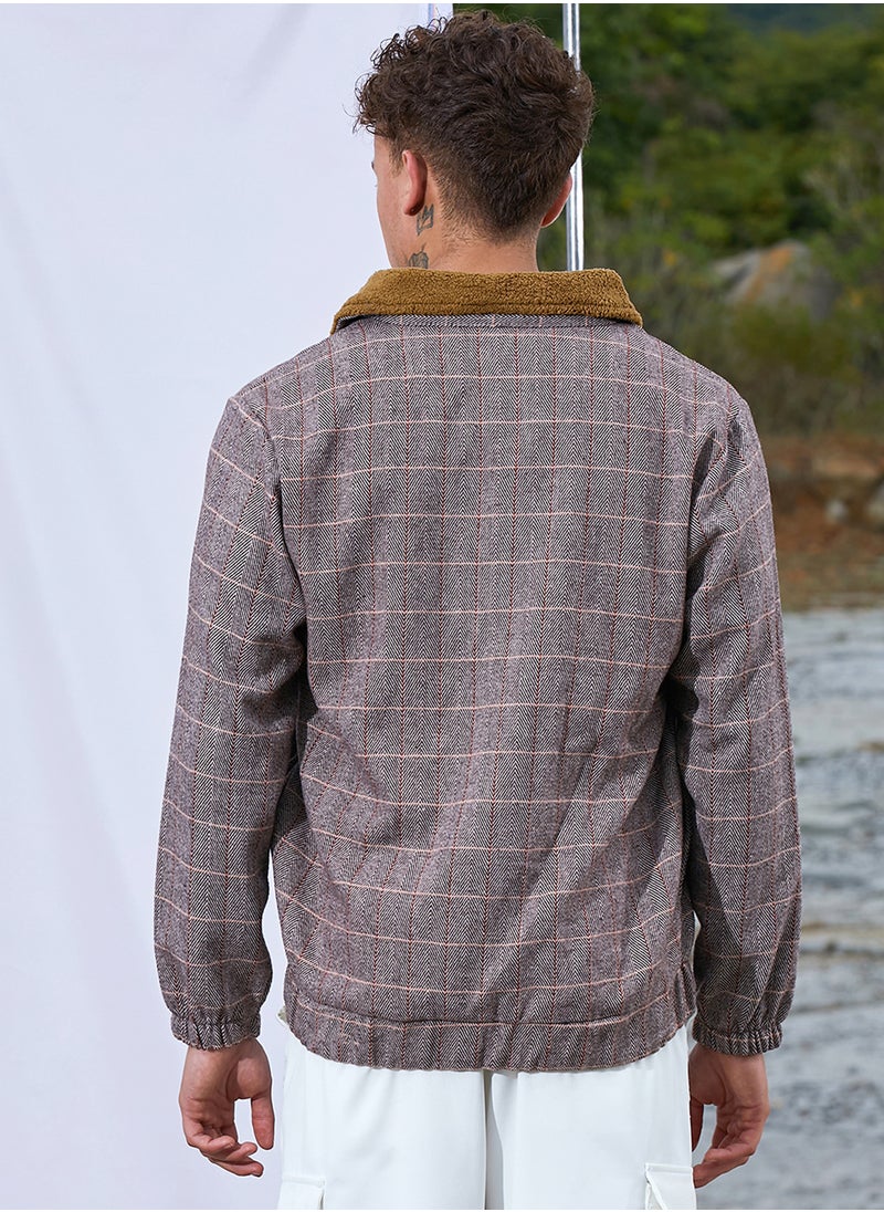 كامبوس سوترا Men's Brown Tartan Plaid Jacket With Fleece Collar  - Image 5