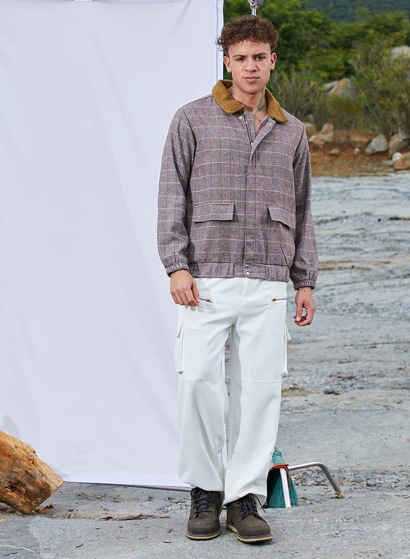 كامبوس سوترا Men's Brown Tartan Plaid Jacket With Fleece Collar