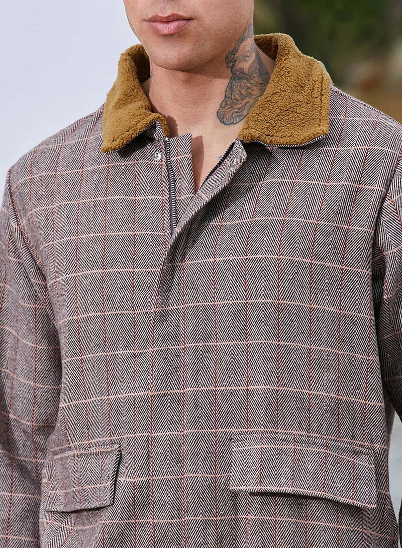 كامبوس سوترا Men's Brown Tartan Plaid Jacket With Fleece Collar