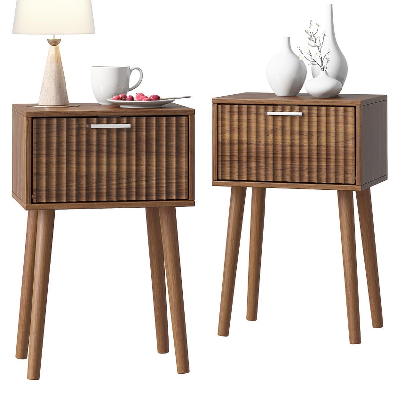 LAATOOREE Nightstands Set of 2, Small Fluted Side Table, Bedside Table with Solid Wood Feet; Modern Mid-Century End Table for Bedroom, Small Space - Image 1