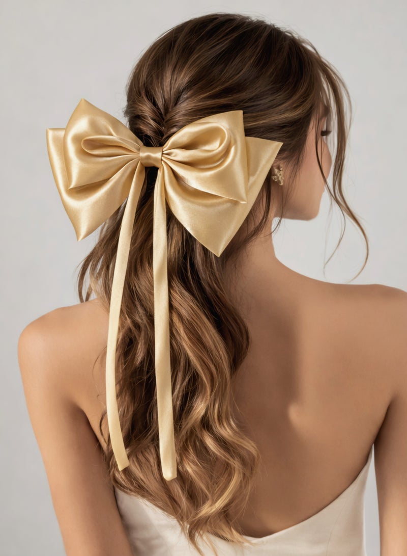 Oversized Gold Satin Hair Bow Clip with Long Ribbon Tails - Image 2