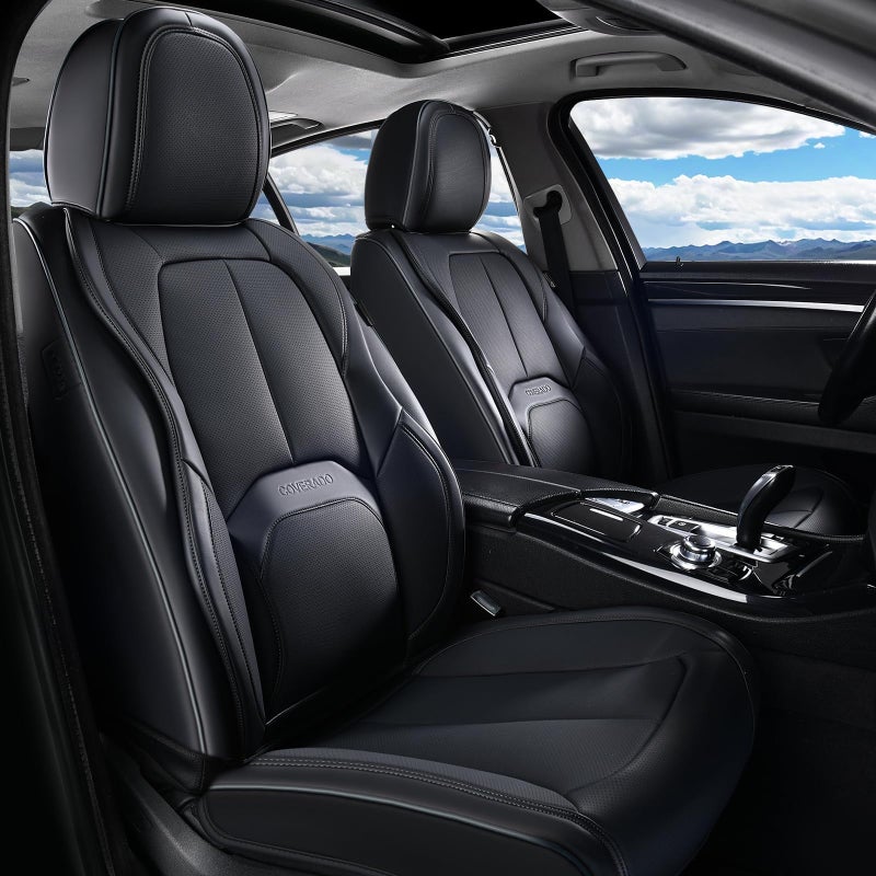 Coverado Automotive Seat Covers, Leather Seat Covers Front Seat, Luxury Car Seat Covers with Lumbar Support, Front Driver Seat Covers, Car Seat Protector Waterproof Universal Fit Most Cars(Black) - Image 1