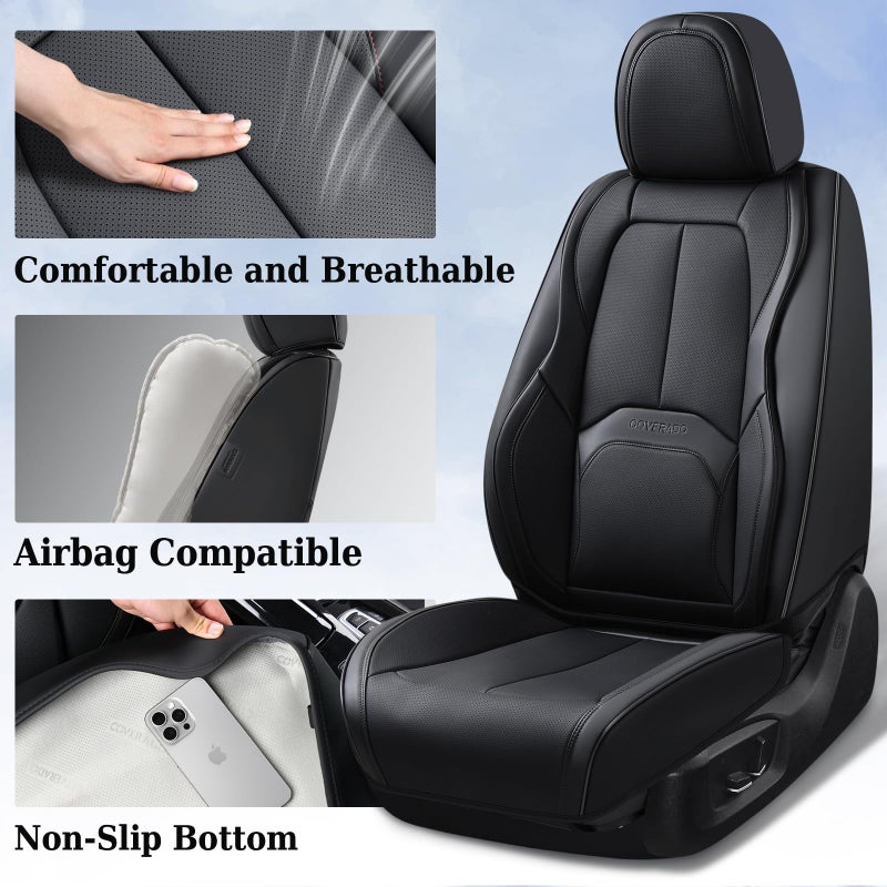Coverado Automotive Seat Covers, Leather Seat Covers Front Seat, Luxury Car Seat Covers with Lumbar Support, Front Driver Seat Covers, Car Seat Protector Waterproof Universal Fit Most Cars(Black) - Image 3