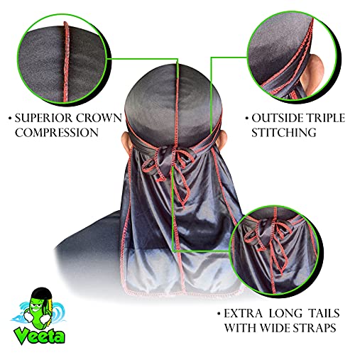 Veeta Superior Silk Durag - Smooth Silk Durag for Men & Women, Long Double Wide Straps, Outside Seam Triple Stitch Du Rag (Lava) - Image 3