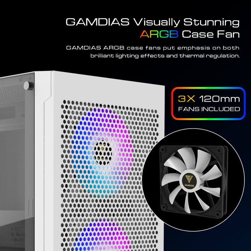 GAMDIAS GAMDIAS ZEUS White RGB Gaming ATX Mid Tower Computer PC Case with Side Tempered Glass Panel and a Magnetic Dust Filter & 3 Built-in 120mm ARGB Fans  - Image 2