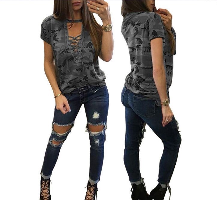 eBay AliExpress popular camouflage low-cut hollow straps short-sleeved women's T-shirt five colors seven yards green L - Image 2
