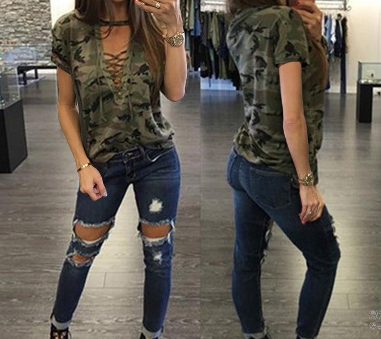 eBay AliExpress popular camouflage low-cut hollow straps short-sleeved women's T-shirt five colors seven yards green L - Image 1
