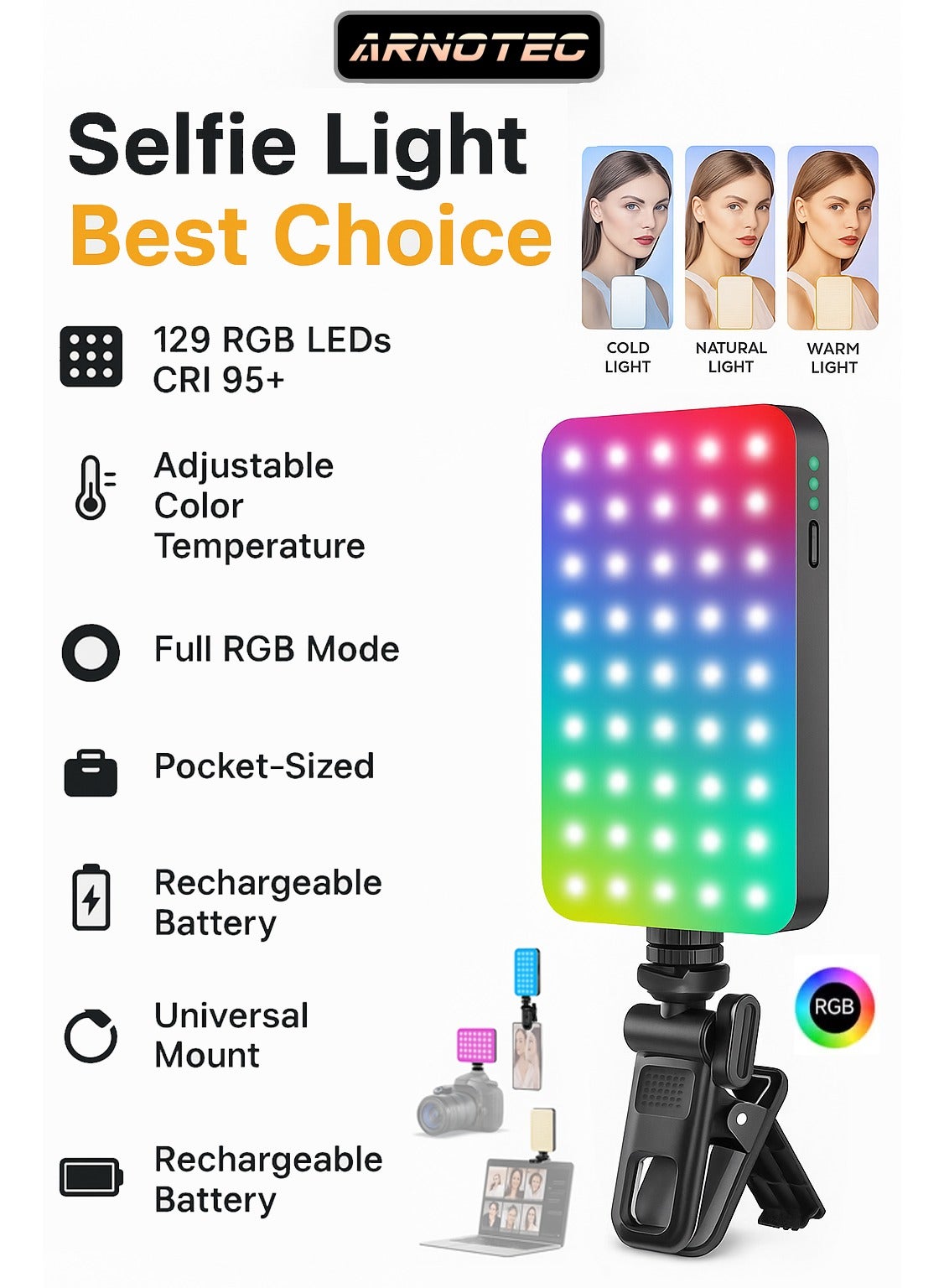 RGB Video Light, Portable LED Fill Light with 3000mAh Battery, 360° Full Color Adjustable Mini Light for Selfie, Live Streaming, Camera & Laptop (Warm/Natural/Cold Light)