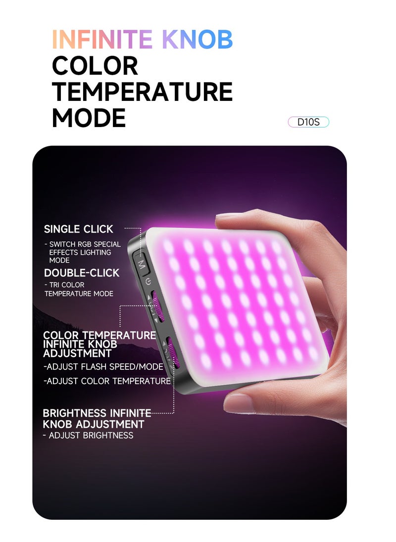 RGB Video Light, Portable LED Fill Light with 3000mAh Built-in Battery, for Selfie/Live Streaming/Laptop/Camera, Supports Cold/Natural/Warm Light, 360° Full Color Adjustment with Clip Mount