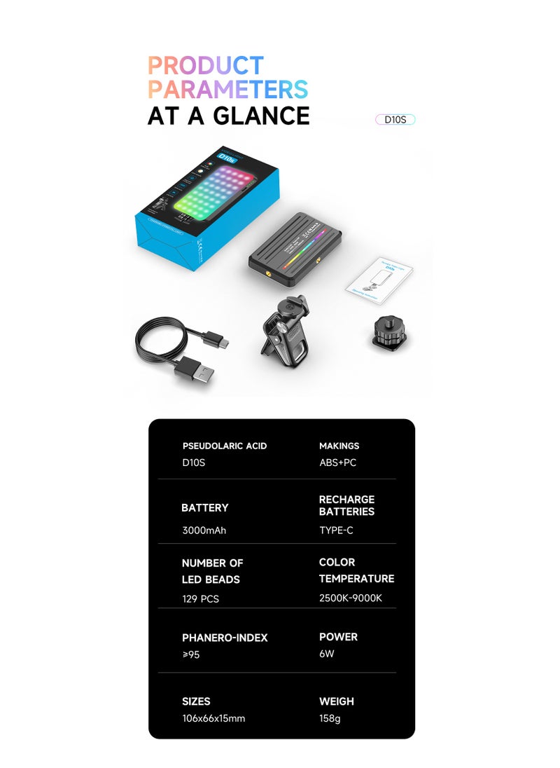 RGB Video Light, Portable LED Fill Light with 3000mAh Built-in Battery, for Selfie/Live Streaming/Laptop/Camera, Supports Cold/Natural/Warm Light, 360° Full Color Adjustment with Clip Mount