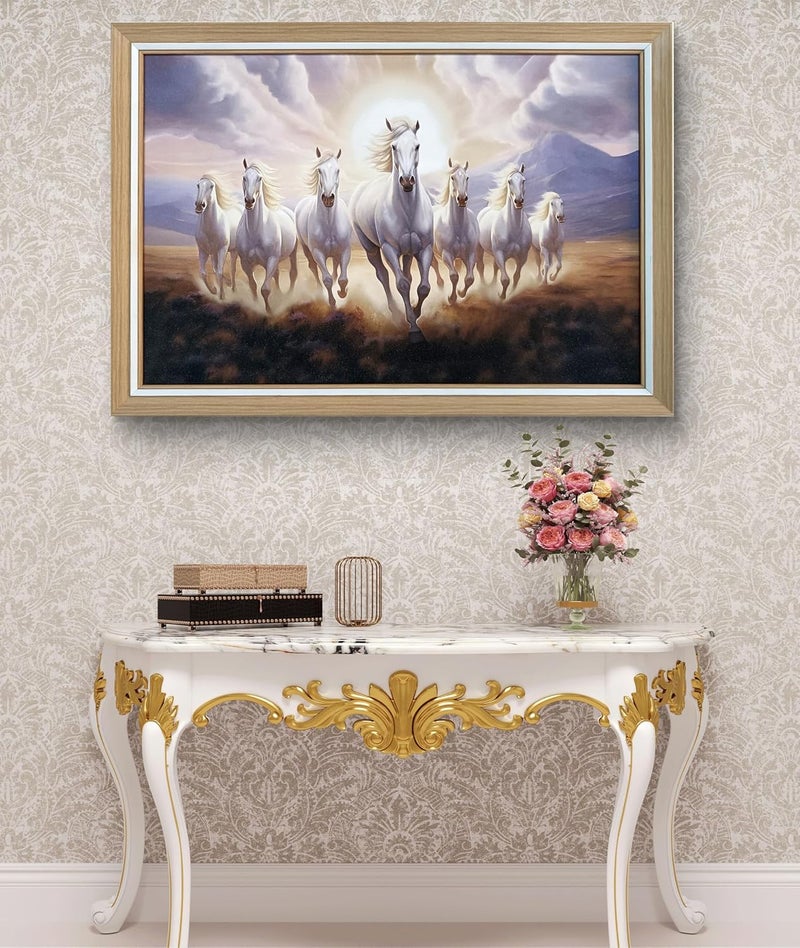 Elegance Vastu Seven Running White Horses Painting Sunrise Picture Photo Frame Outer Size- 19.5 length x 13.5 height inch  - Image 1