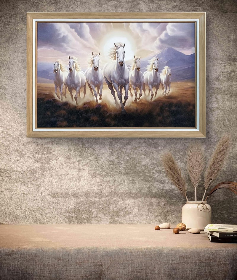 Elegance Vastu Seven Running White Horses Painting Sunrise Picture Photo Frame Outer Size- 19.5 length x 13.5 height inch  - Image 2
