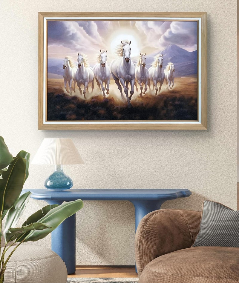 Elegance Vastu Seven Running White Horses Painting Sunrise Picture Photo Frame Outer Size- 19.5 length x 13.5 height inch  - Image 3
