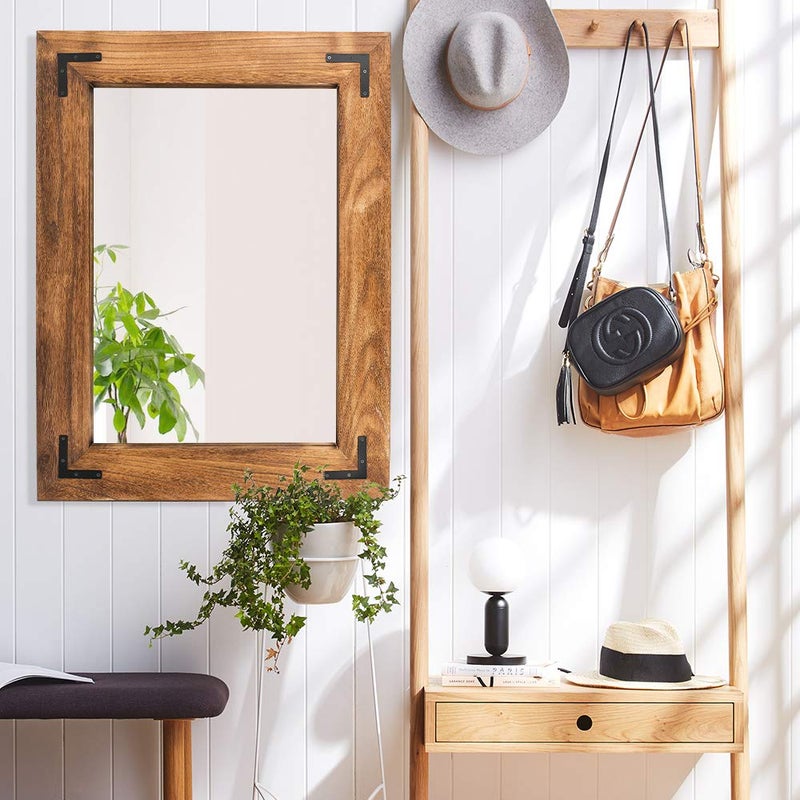 YOSHOOT Rustic Wooden Framed Wall Mirror, Natural Wood Bathroom Vanity Mirror for Farmhouse Decor, Vertical or Horizontal Hanging (26" x 18", Brown) - Image 5