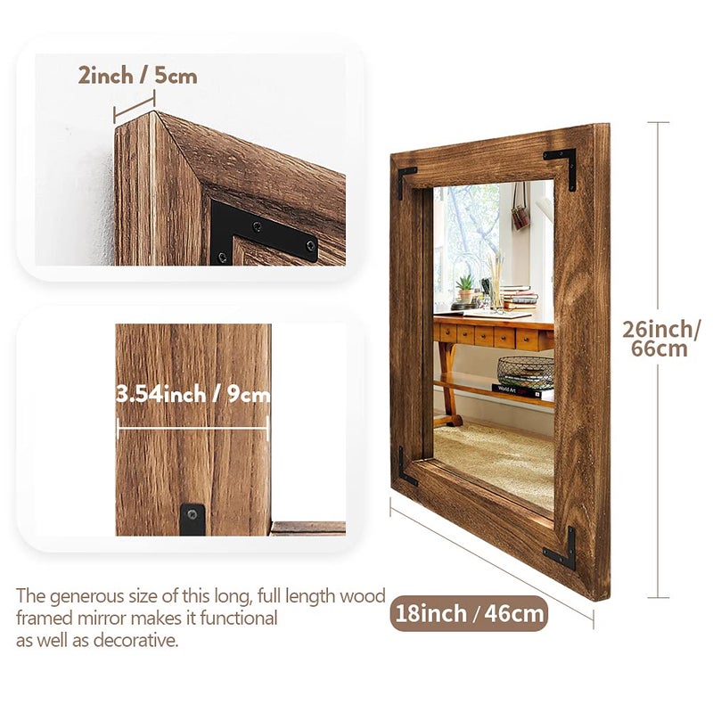 YOSHOOT Rustic Wooden Framed Wall Mirror, Natural Wood Bathroom Vanity Mirror for Farmhouse Decor, Vertical or Horizontal Hanging (26" x 18", Brown) - Image 3