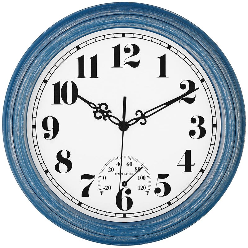 zyzamay zyzamay 12 Inch Indoor Outdoor ClocksWaterproof Wall Clock with ThermometerEasy to ReadNonTicking Battery Operated Quality Quartz Clock Decorative for PatioPorchPoolBathroomDeckBlue 