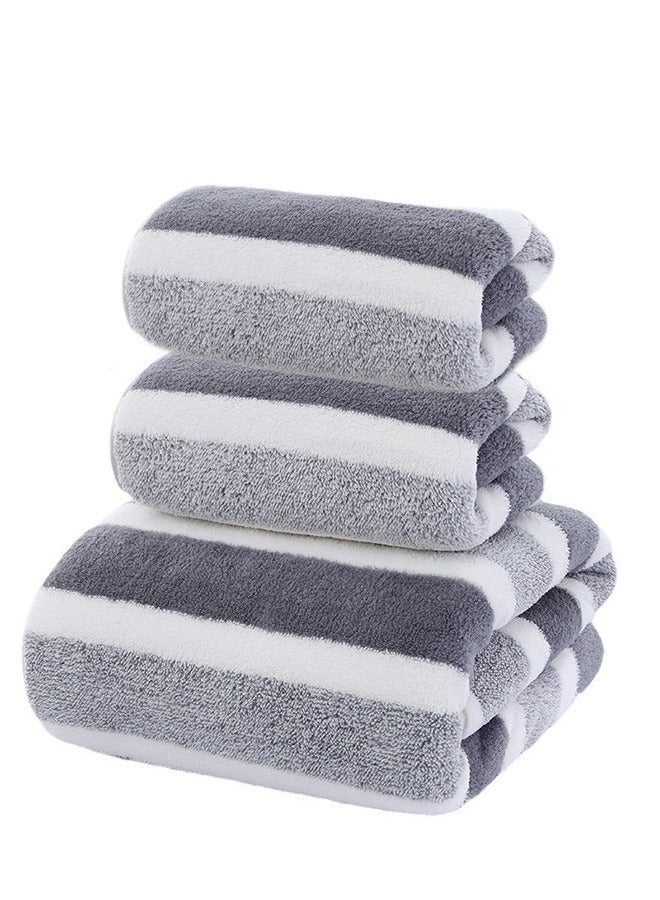 3pcs Soft Absorbent Wide Stripe Bath Towel, Non-Shedding Thickened Towel, Shower Towel Suitable For Bathroom, 1*70x140cm Bath Towel, 2*35x75cm Face Towel- Grey - Image 1