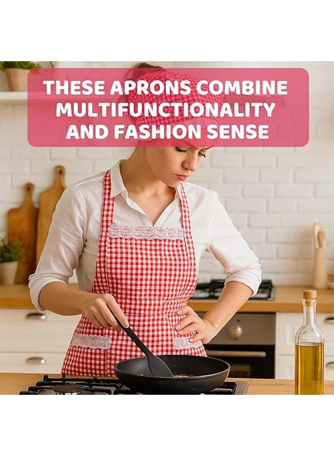 Women Classic Vintage Apron Red and White Gingham Cotton Apron Home Kitchen Chef Bib - Image 2