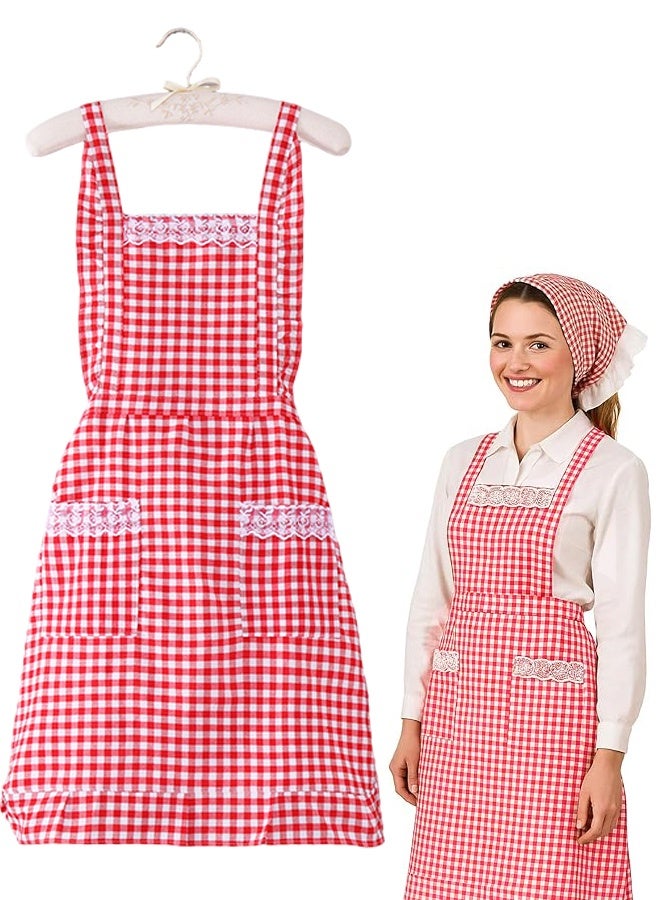 Women Classic Vintage Apron Red and White Gingham Cotton Apron Home Kitchen Chef Bib - Image 1