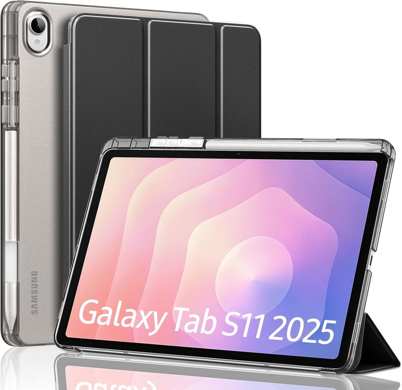 موكو حافظة لجهاز Galaxy Tab S11 مقاس 11 بوصة 2025 مع حامل قلم S Pen، حافظة ثلاثية الطي خفيفة ونحيفة لجهاز Samsung Tab S11 5G (SM-X730/SM-X736B) مع غطاء خلفي شفاف من البولي كربونات الصلب، إيقاظ/إغلاق تلقائي، أسود - Image 1