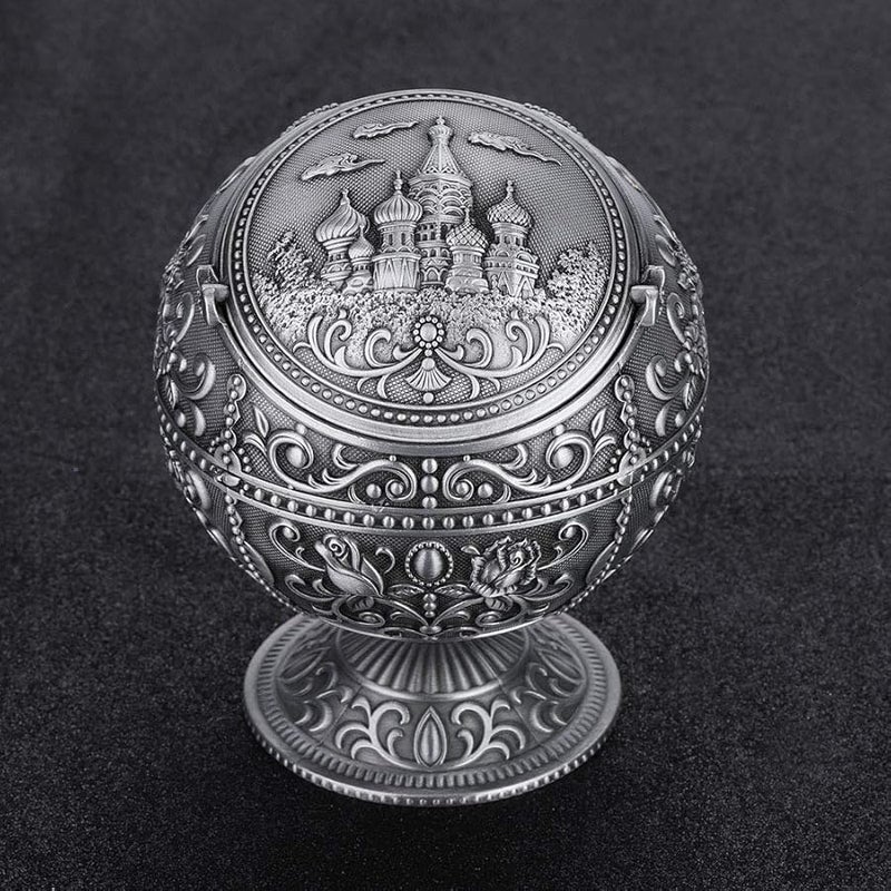 Vintage Metal Ashtray Tin Castle Color Round Ball Stamped Pattern Decorative Storage Box - Image 5