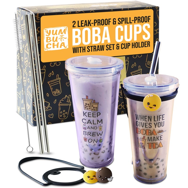 Yumbucha Yumbucha Reusable Boba Tumbler  Straw Set with Stainless Steel Straw  Reusable Bubble Tea Cups  Includes Cup Carrier Sleeve  Boba Gifts  Gift for Boba Lovers  Tea Enthusiasts 2Pack 