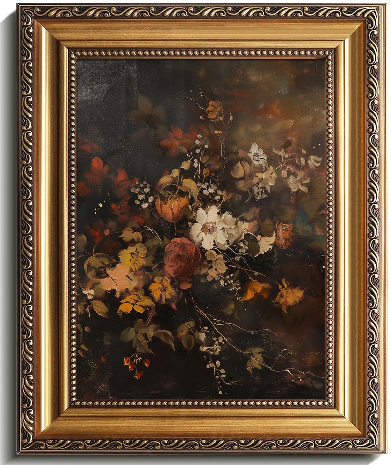 uniro Vintage Gold Framed Wall Art Moody Dark Autumn Floral Wall Art Prints Painting Retro Botonical Fall Wall Decor Vintage Flower Posters for Room Aesthetic for Bedroom Living Room Bathroom Wall Decor 9x12Inch - Image 2