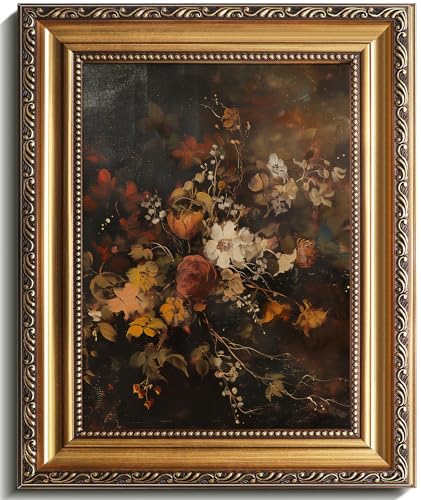 uniro Vintage Gold Framed Wall Art Moody Dark Autumn Floral Wall Art Prints Painting Retro Botonical Fall Wall Decor Vintage Flower Posters for Room Aesthetic for Bedroom Living Room Bathroom Wall Decor 9x12Inch - Image 1