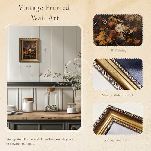 uniro Vintage Gold Framed Wall Art Moody Dark Autumn Floral Wall Art Prints Painting Retro Botonical Fall Wall Decor Vintage Flower Posters for Room Aesthetic for Bedroom Living Room Bathroom Wall Decor 9x12Inch - Image 3