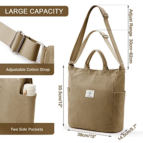 KALIDI Corduroy Tote Bag, Zipper Messenger Bag Shoulder Hobo Anti Splash Crossbody Bag Casual Work Shopping Women Khaki - Image 5