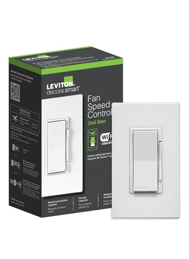 Leviton - Leviton Decora Smart Fan Speed Controller, Wi-Fi 2nd Gen, Neutral Wire Required, Works with My Leviton, Alexa, Google Assistant, Apple Home/Siri & Wired or Wire-Free 3-Way, D24SF-1RW, White - Image 1